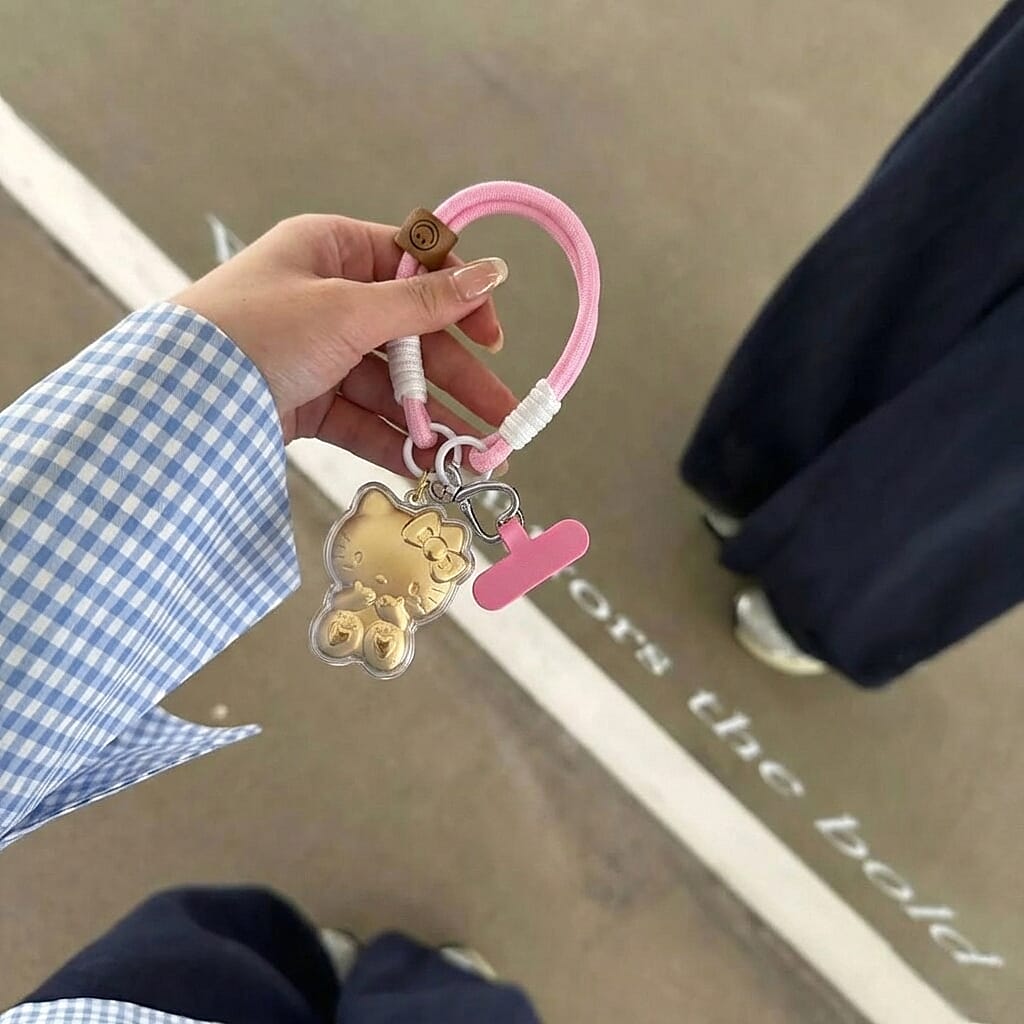 24K Yellow Gold Kitty Key Chain with Pink & White Rope