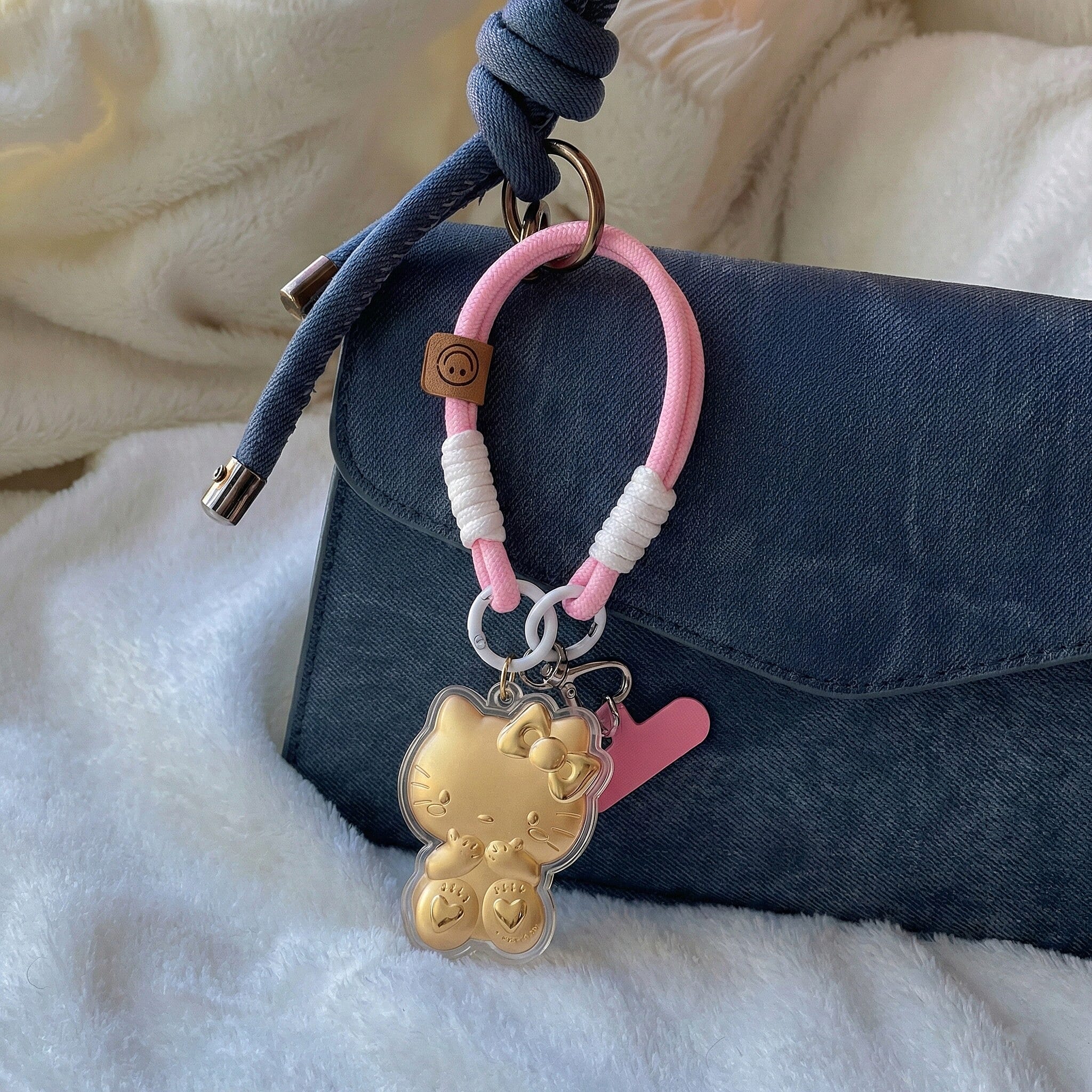 24K Yellow Gold Kitty Key Chain with Pink & White Rope