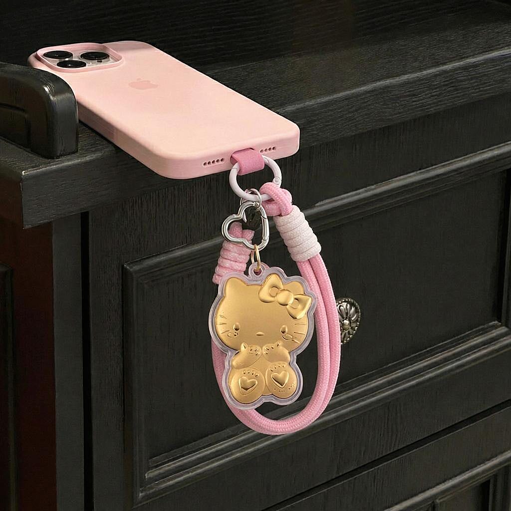 24K Yellow Gold Kitty Key Chain with Pink & White Rope