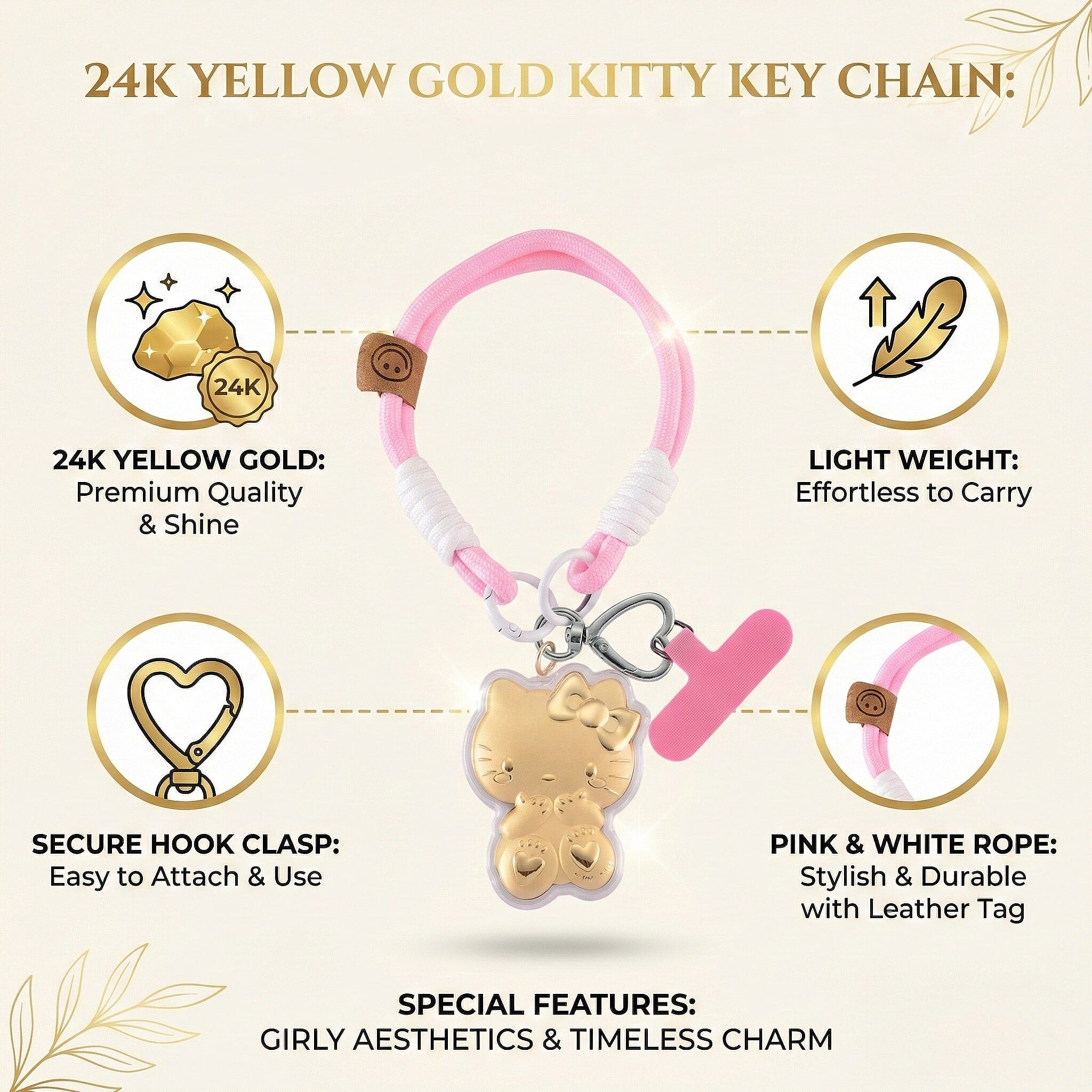 24K Yellow Gold Kitty Key Chain with Pink & White Rope