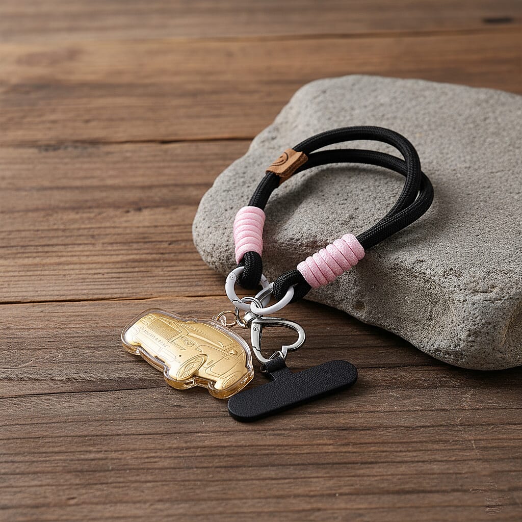 24K Yellow Gold Car Key Chain with Black & Pink Rope