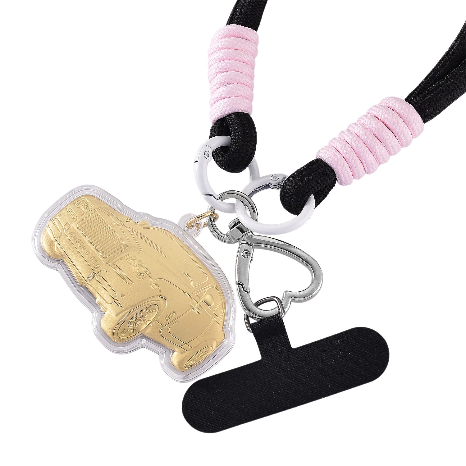 24K Yellow Gold Car Key Chain with Black & Pink Rope