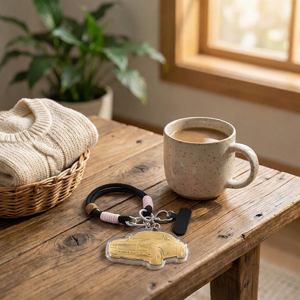 24K Yellow Gold Car Key Chain with Black & Pink Rope