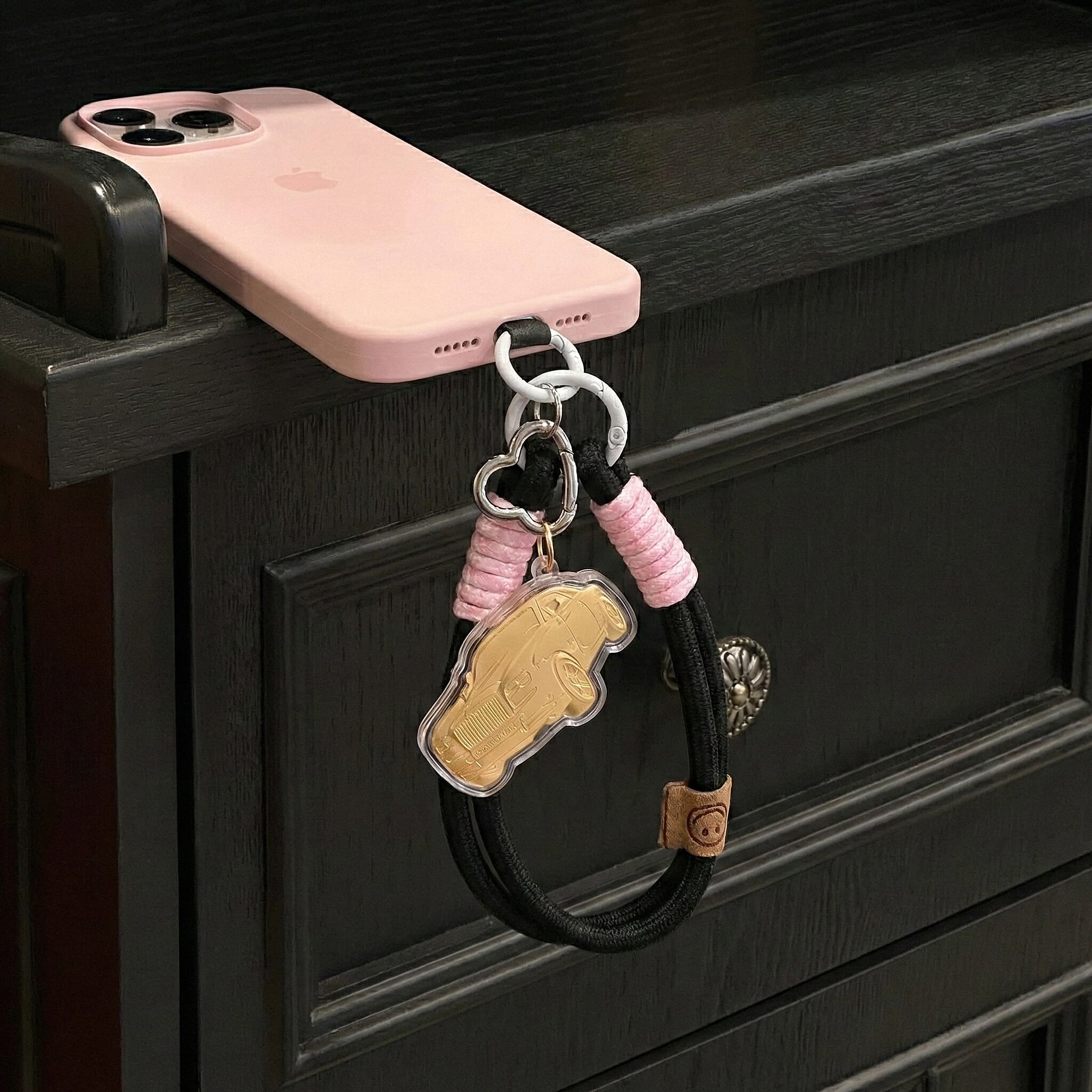 24K Yellow Gold Car Key Chain with Black & Pink Rope