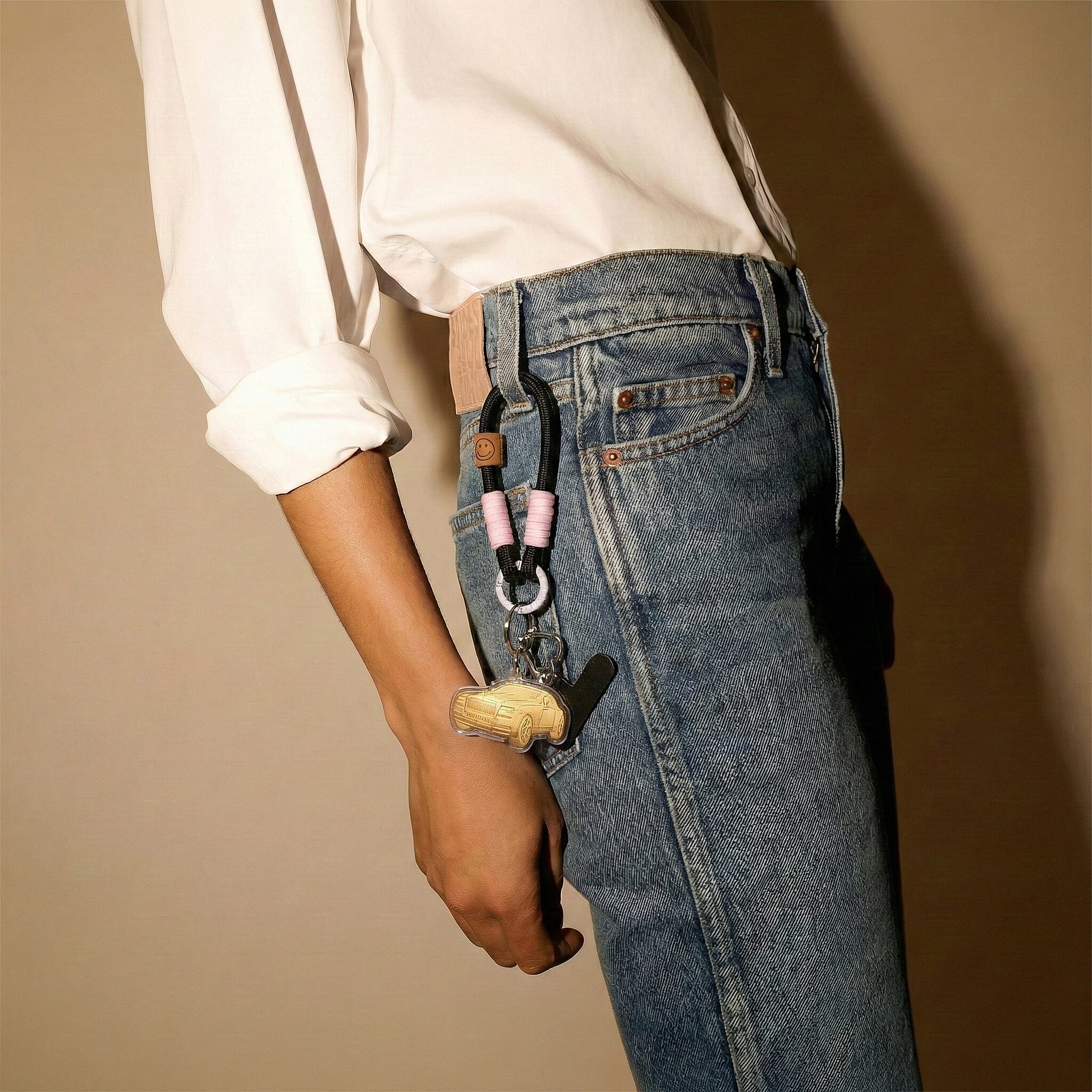 24K Yellow Gold Car Key Chain with Black & Pink Rope