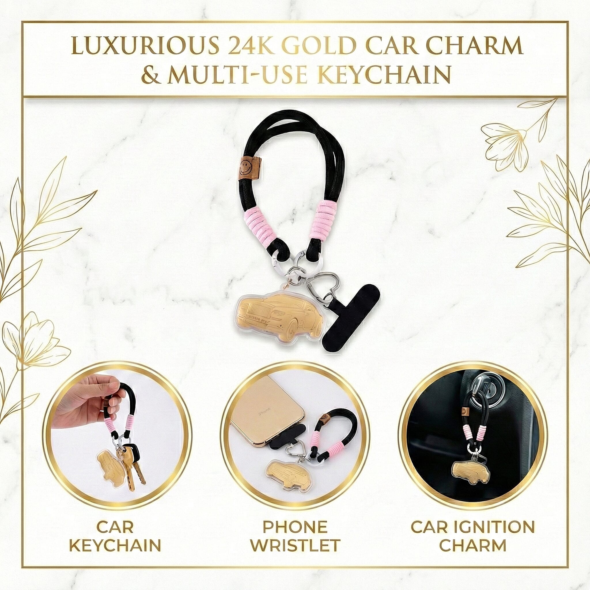 24K Yellow Gold Car Key Chain with Black & Pink Rope