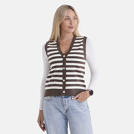 - Maisi Button Down Knitted Stripe Vest (Size 12 To 14) - Coffee - White