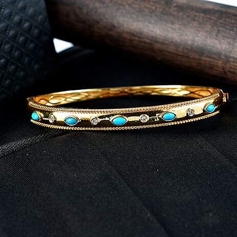ONE TIME DEAL - EverTrue Sleeping Beauty Turquoise & Natural White Zircon Bangle (Size - 7.5)