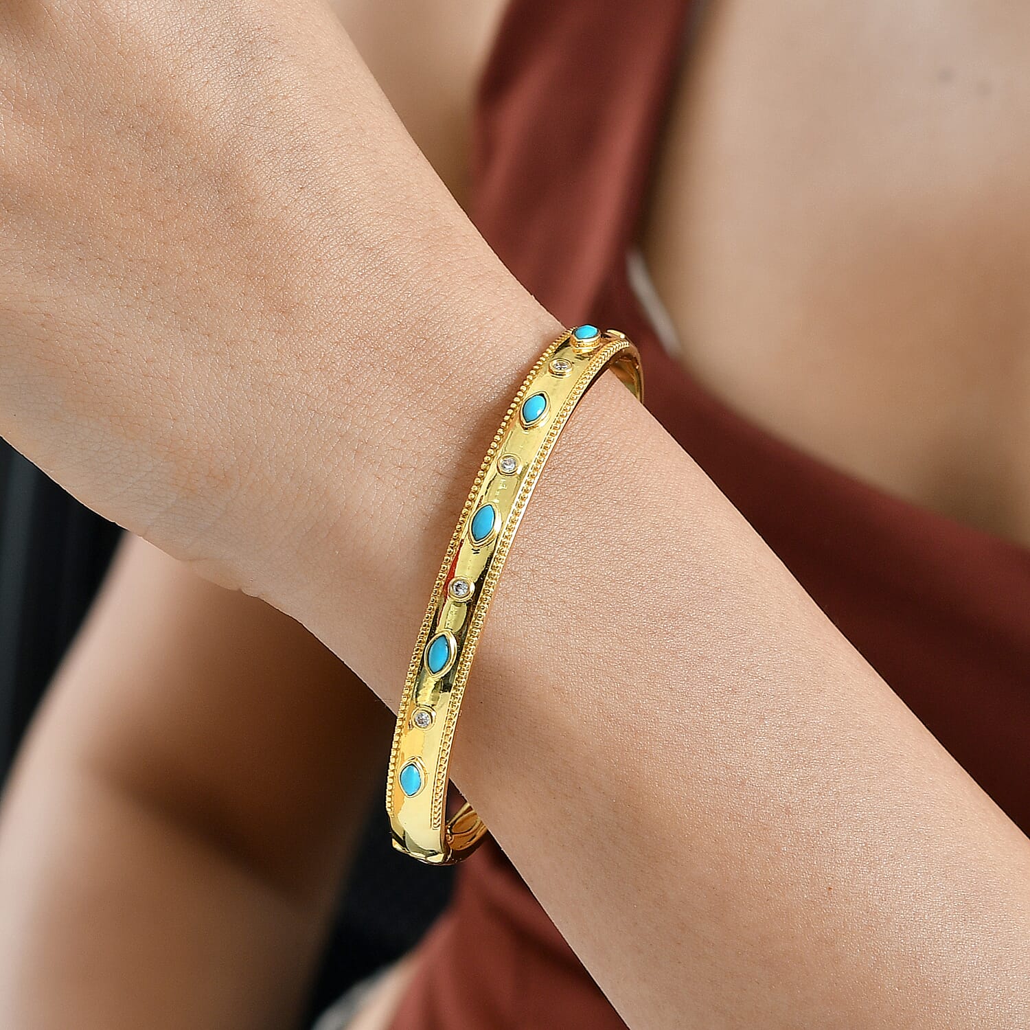 ONE TIME DEAL - EverTrue Sleeping Beauty Turquoise & Natural White Zircon Bangle (Size - 7.5)