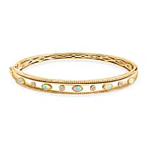 ONE TIME DEAL - EverTrue Natural Ethiopian Opal & Natural  White Zircon Bangle (Size - 7.5) in Yellow Gold Tone
