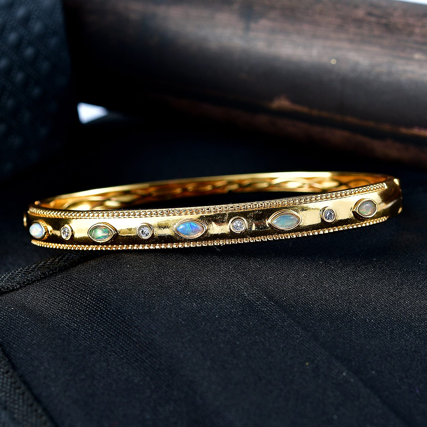 ONE TIME DEAL - EverTrue Natural Ethiopian Opal & Natural  White Zircon Bangle (Size - 7.5)