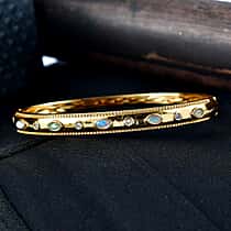 ONE TIME DEAL - EverTrue Natural Ethiopian Opal & Natural  White Zircon Bangle (Size - 7.5) in Yellow Gold Tone