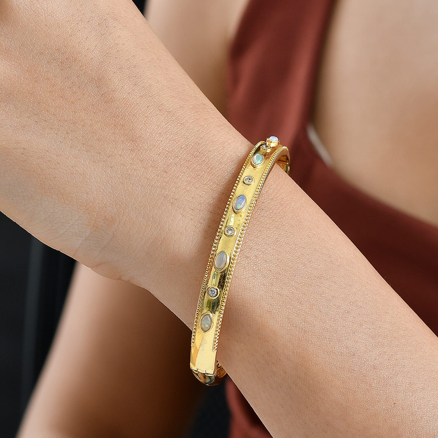 ONE TIME DEAL - EverTrue Natural Ethiopian Opal & Natural  White Zircon Bangle (Size - 7.5)