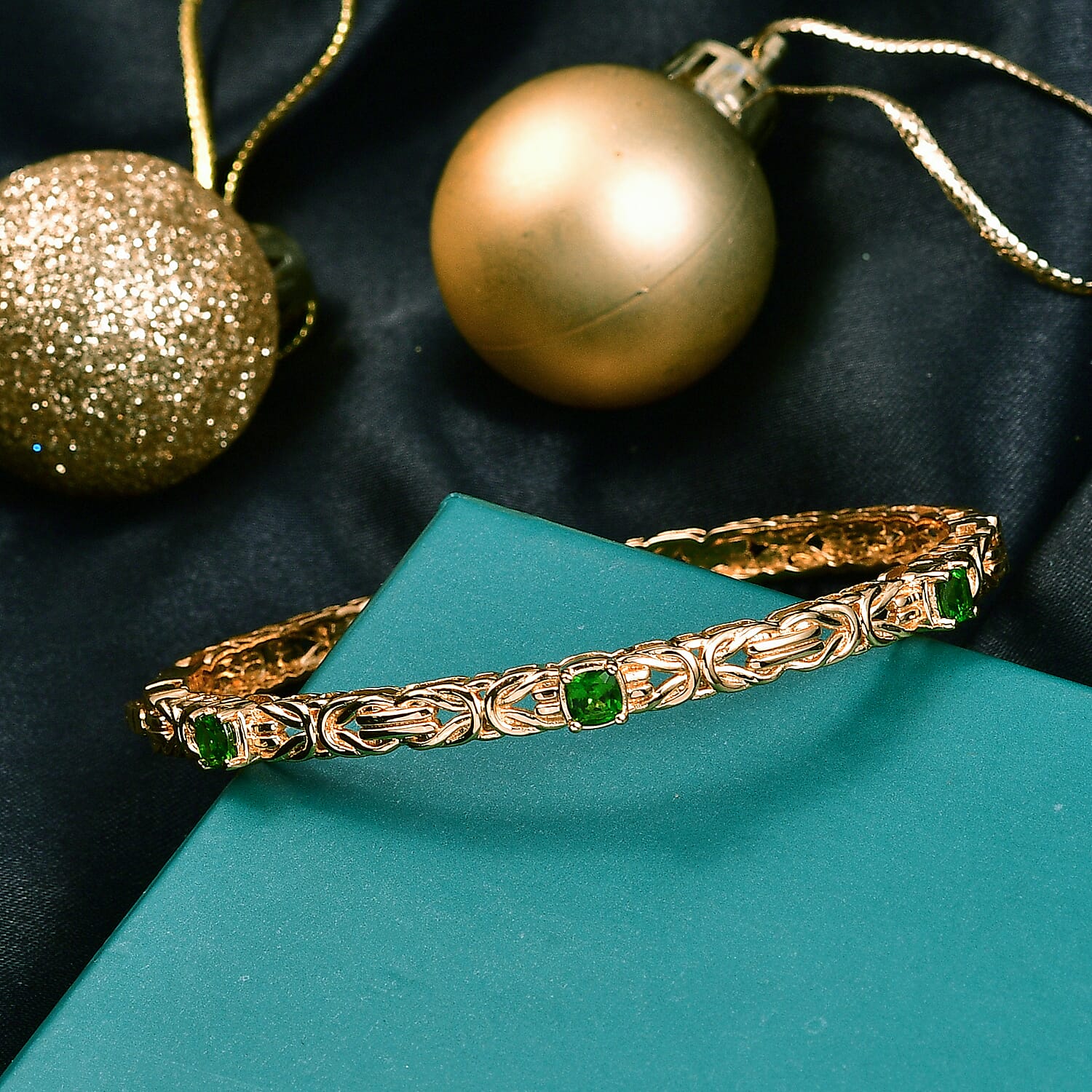 Byzantine Bangle Natural Chrome Diopside  (Size-7.5) in Yellow Gold Tone