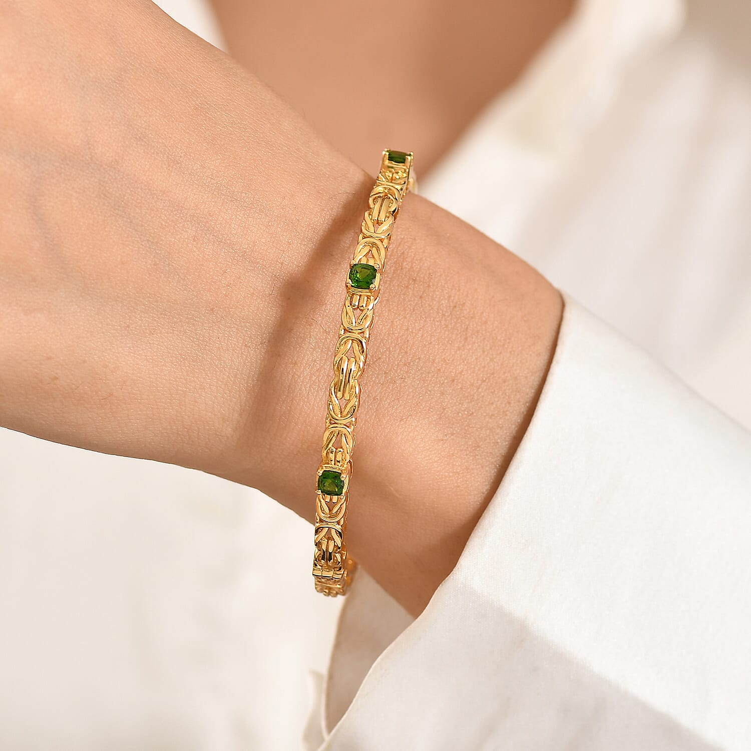 Byzantine Bangle Natural Chrome Diopside  (Size-7.5) in Yellow Gold Tone
