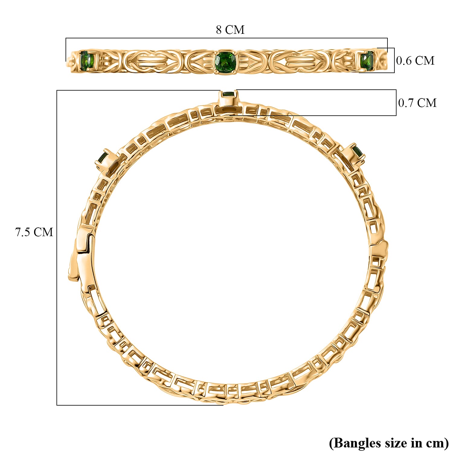 Byzantine Bangle Natural Chrome Diopside  (Size-7.5) in Yellow Gold Tone