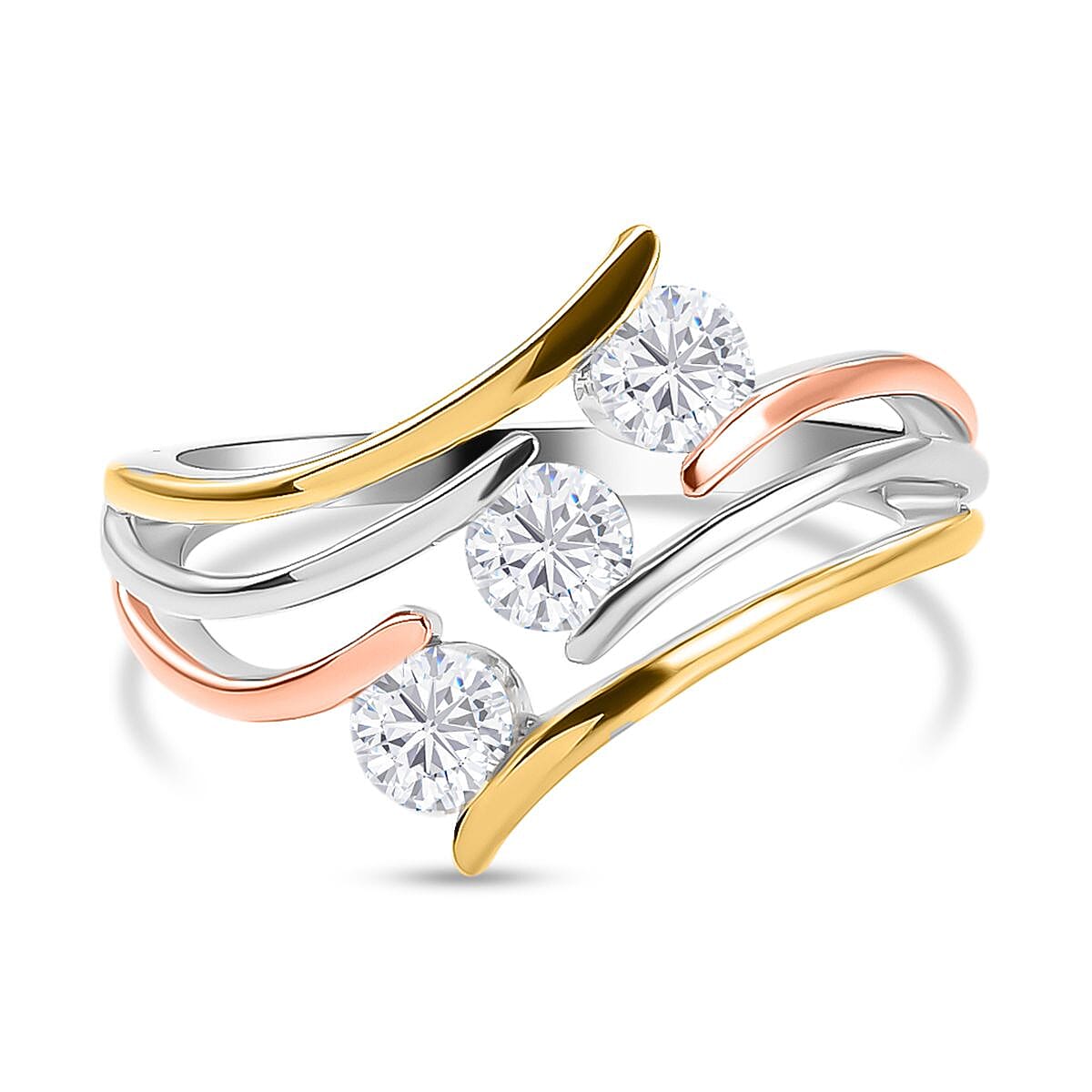Moissanite 3 Stone Ring in 18K Vermeil Yellow & Rose Gold Plated & Rhodium Overlay Sterling Silver