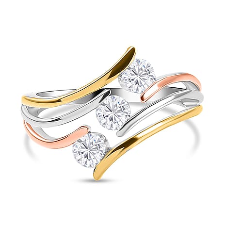 Moissanite 3 Stone Ring in 18K Vermeil Yellow & Rose Gold Plated & Rhodium Overlay Sterling Silver