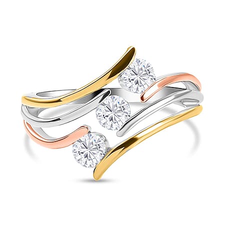 Moissanite 3 Stone Ring in 18K Vermeil Yellow & Rose Gold Plated & Rhodium Overlay Sterling Silver Moissanite 3 Stone Ring in 18K Vermeil Yellow & Rose Gold Plated & Rhodium Overlay Sterling Silver