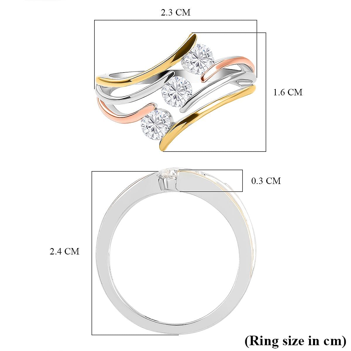 Moissanite 3 Stone Ring in 18K Vermeil Yellow & Rose Gold Plated & Rhodium Overlay Sterling Silver