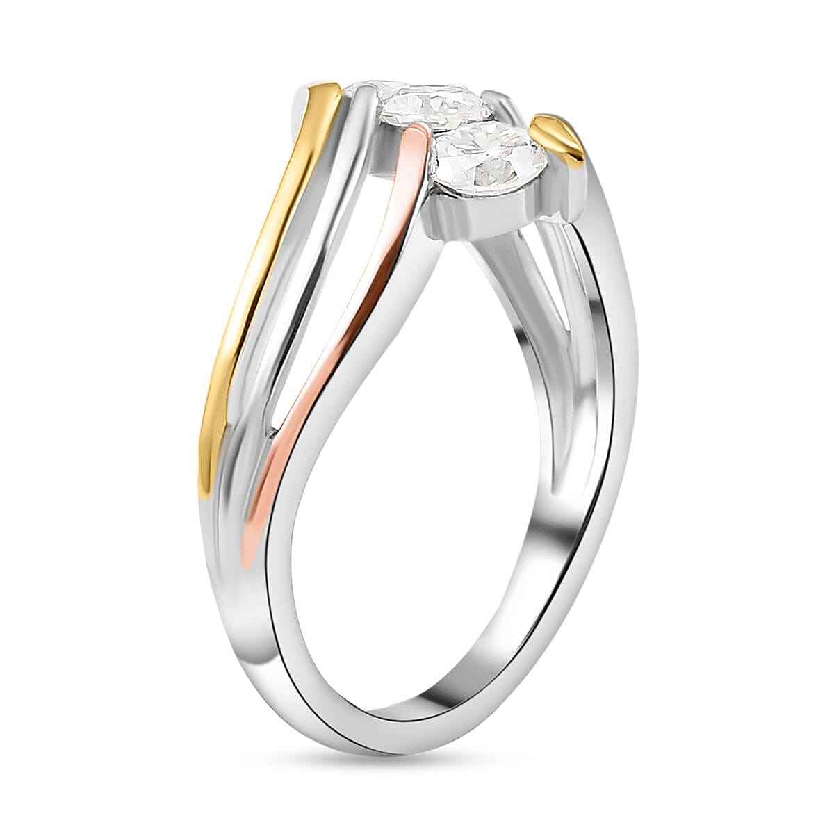 Moissanite 3 Stone Ring in 18K Vermeil Yellow & Rose Gold Plated & Rhodium Overlay Sterling Silver