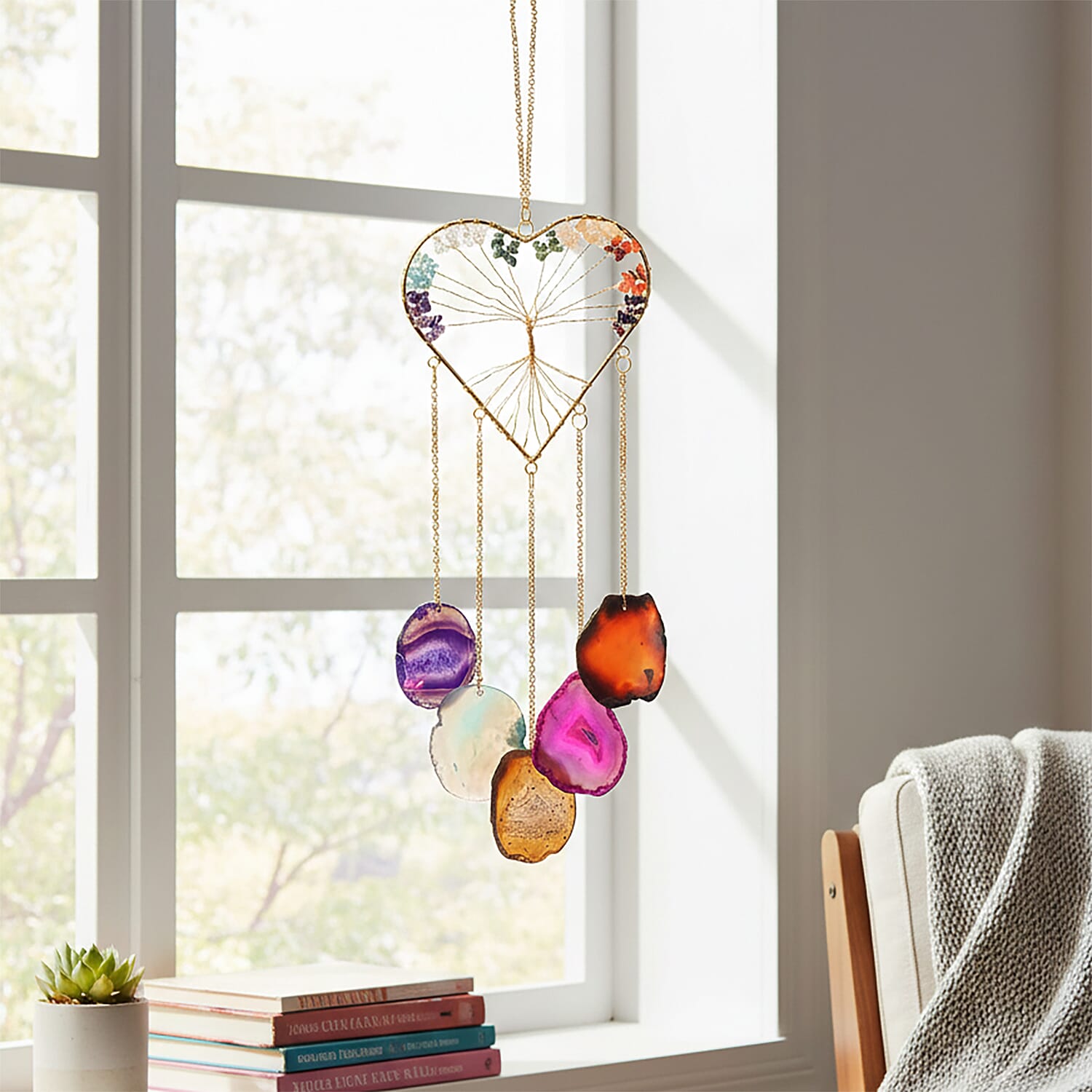 Livmore Gemstone Tree of Life - Agate Stone Heart Hanging (35 to 40cm) - Multi Colour