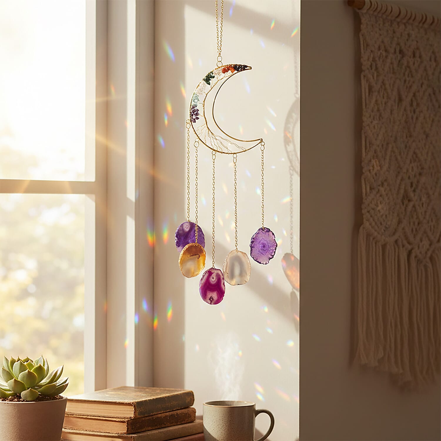 Livmore Gemstone Tree of Life - Agate Stone Moon Hanging (35 to 40cm) - Multi Colour