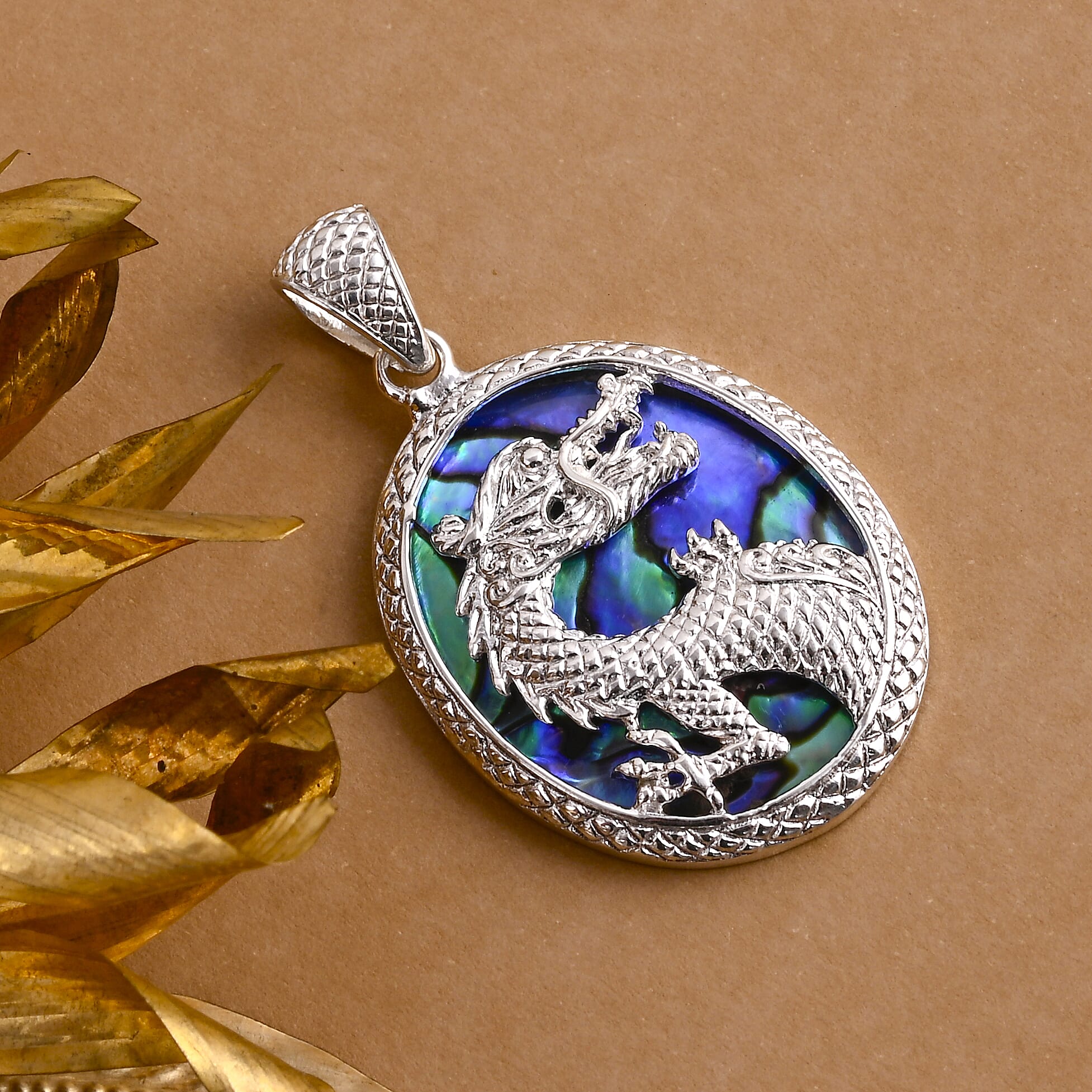 Royal Bali Collection -  Abalone Shell Dragon Pendant in Sterling Silver, Silver Wt. 8.56 Gms.