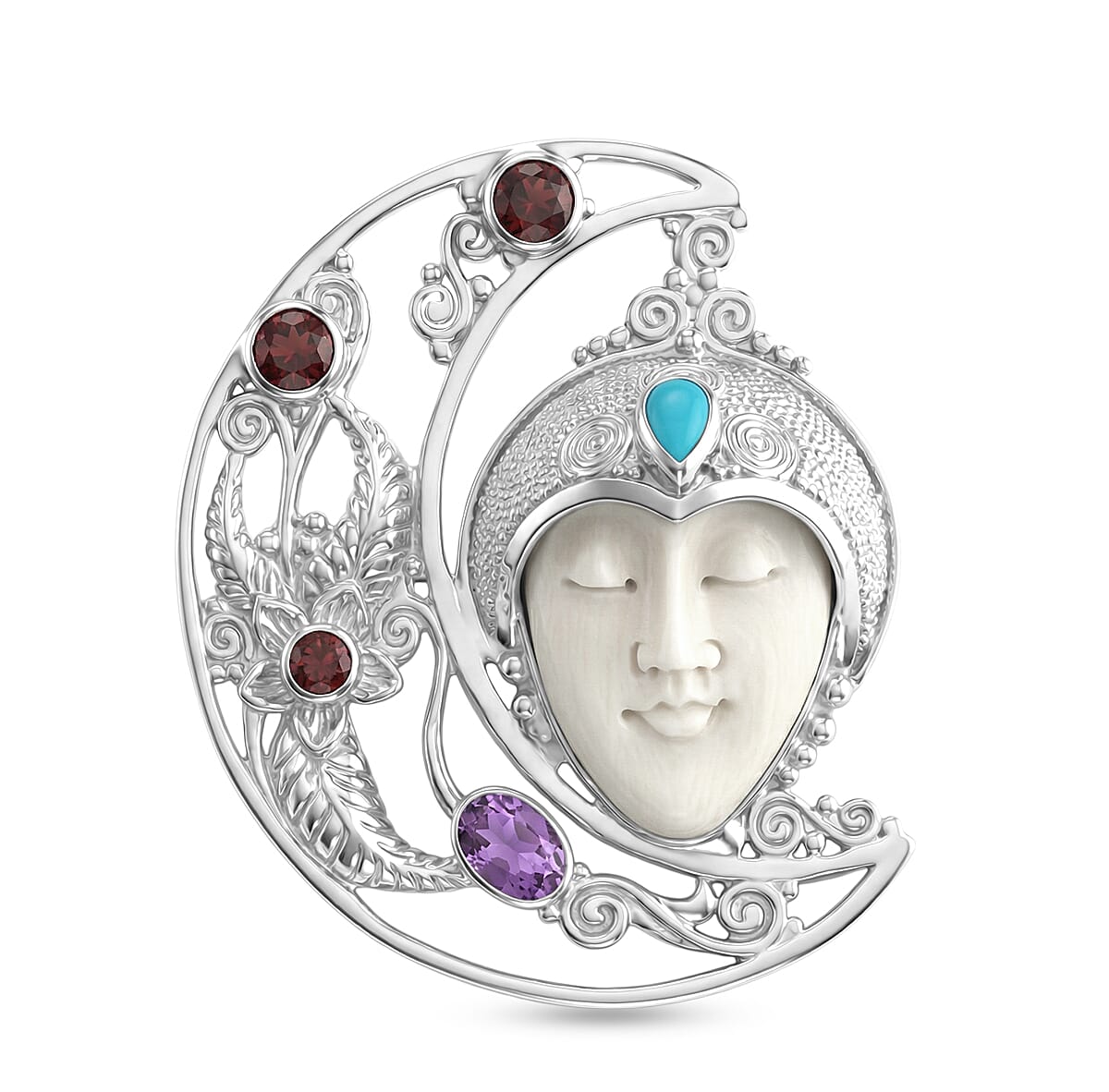 D'Joy Ox Bone, Red Garnet, African Amethyst Pendant Sterling Silver, Silver Wt.18.74 Gms  16.860  Ct.