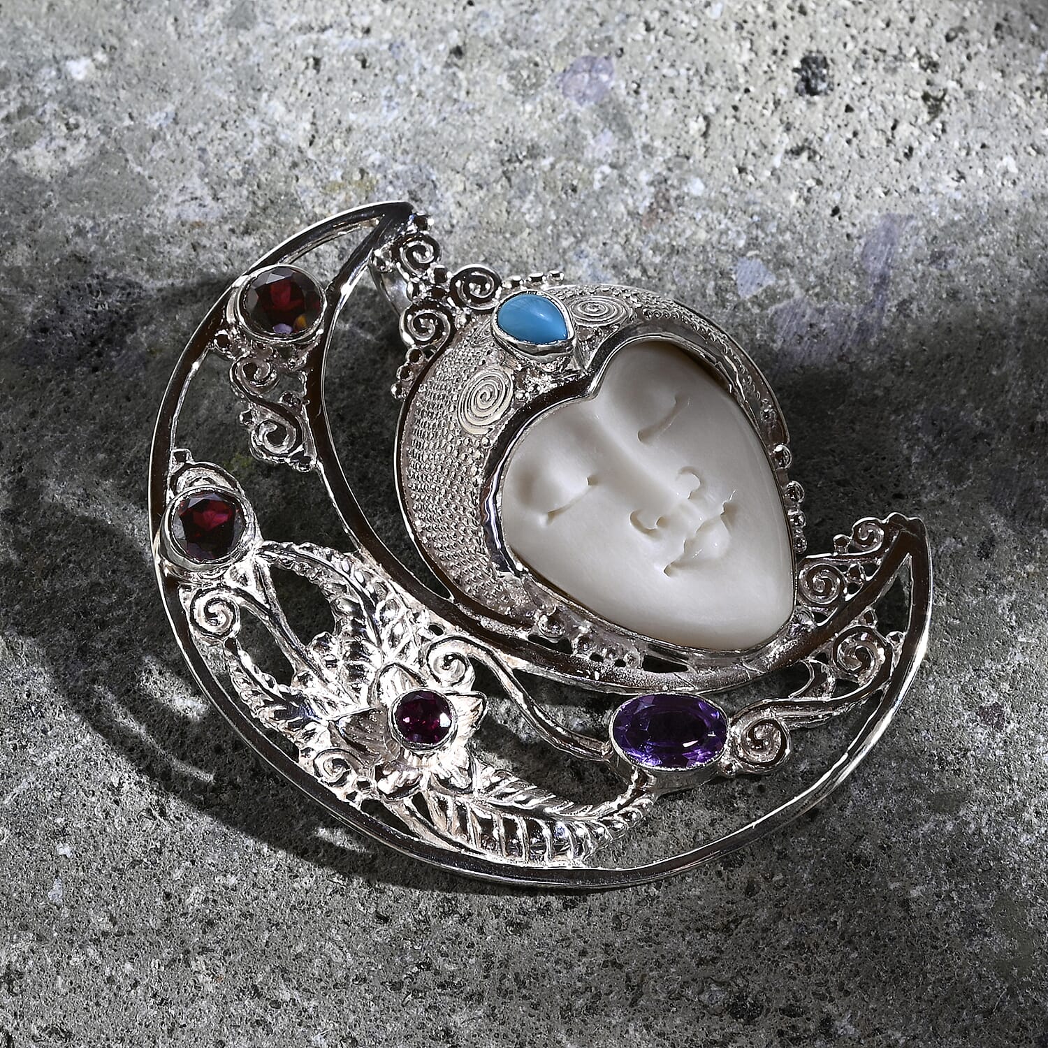 D'Joy Ox Bone, Red Garnet, African Amethyst Pendant Sterling Silver, Silver Wt.18.74 Gms  16.860  Ct.