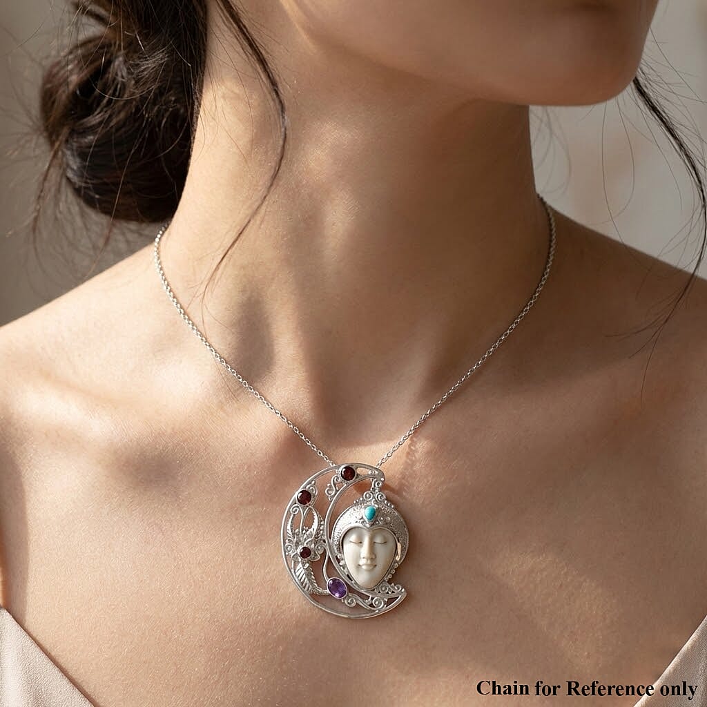 D'Joy Ox Bone, Red Garnet, African Amethyst Pendant Sterling Silver, Silver Wt.18.74 Gms  16.860  Ct.