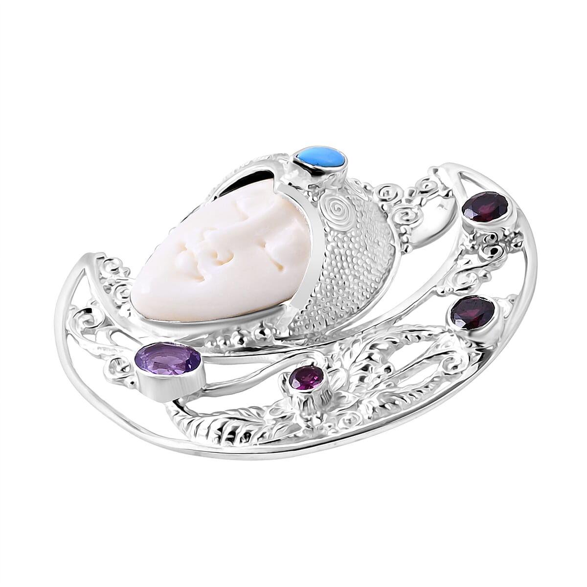 D'Joy Ox Bone, Red Garnet, African Amethyst Pendant Sterling Silver, Silver Wt.18.74 Gms  16.860  Ct.