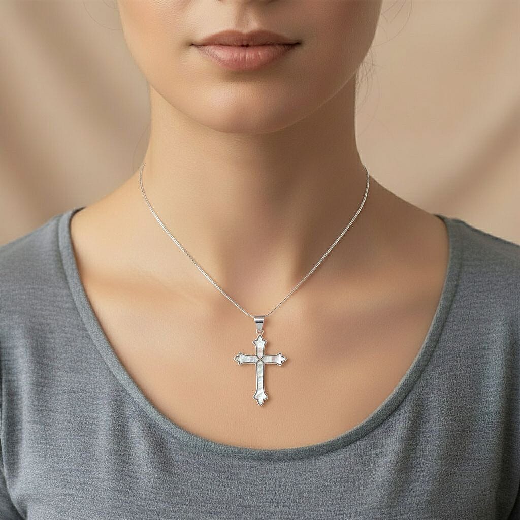 D'Joy Mother Of Pearl Cross Pendant Sterling Silver