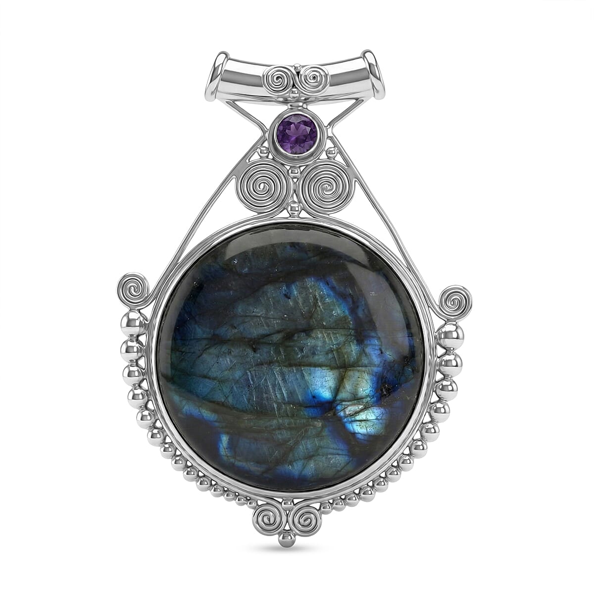 Royal Bali Collection-D'Joy Labradorite & African Amethyst Pendant in Sterling Silver 118.36 Ct, Silver Wt. 13.96 Gms.