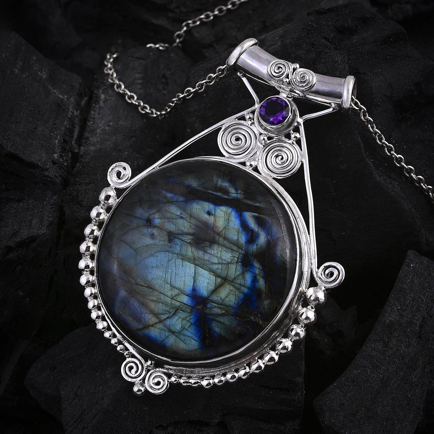 Royal Bali Collection-D'Joy Labradorite & African Amethyst Pendant in Sterling Silver 118.36 Ct, Silver Wt. 13.96 Gms.