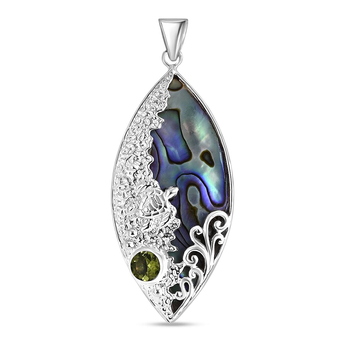 Bali Legacy Abalone Shell & Peridot Fish Pendant Sterling Silver 1.63 Ct, Silver Wt. 6.13 Gms.