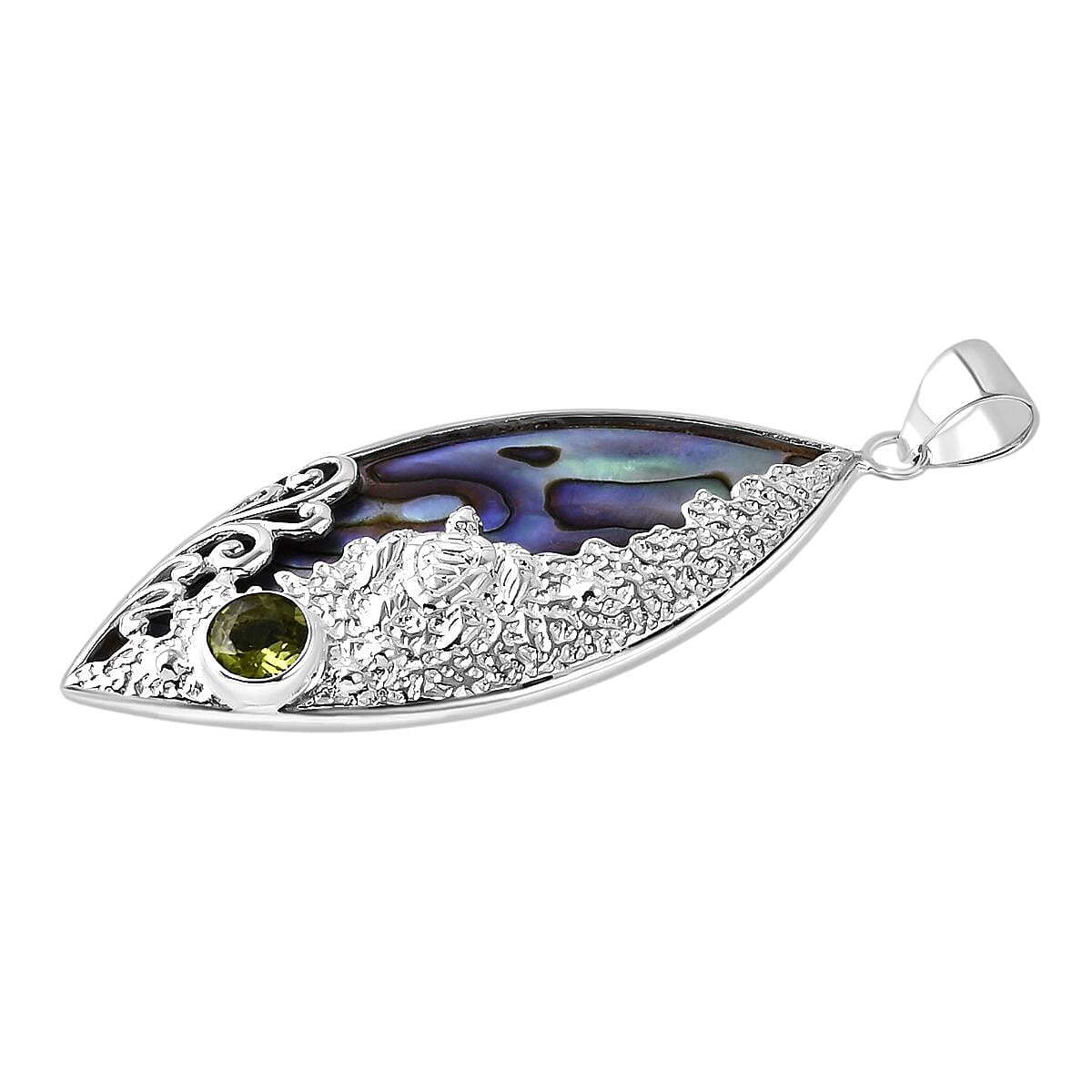Bali Legacy Abalone Shell & Peridot Fish Pendant Sterling Silver 1.63 Ct, Silver Wt. 6.13 Gms.