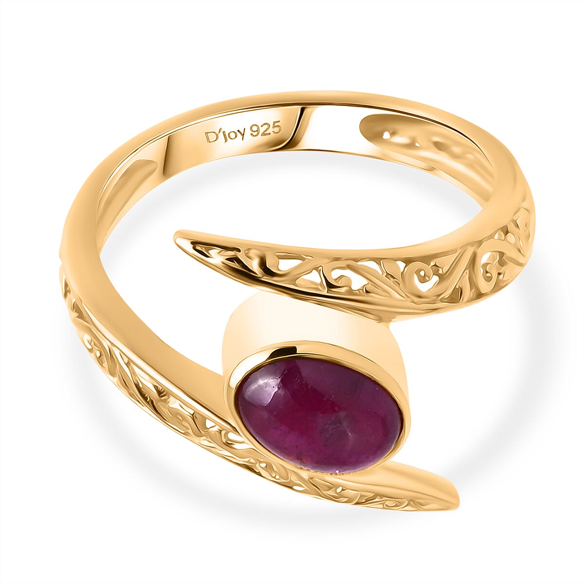 Royal Bali Collection - D'Joy African Ruby Solitaire Bypass Ring in Yellow Gold Plated Sterling Silver 1.22 Ct.