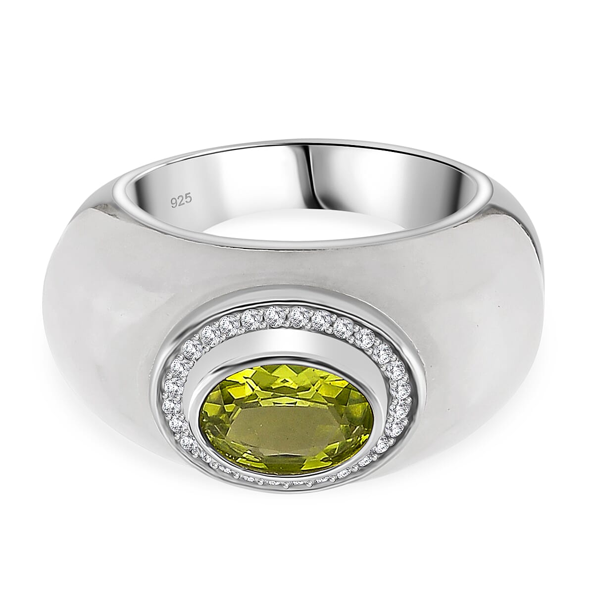 D'Joy Peridot, White Jade & Moissanite Ring in Rhodium Overlay Sterling Silver 25.02 Ct, Silver Wt. 4.75 Gms.