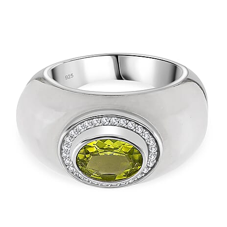 D'Joy Peridot, White Jade & Moissanite Ring in Rhodium Overlay Sterling Silver 25.02 Ct, Silver Wt. 4.75 Gms.