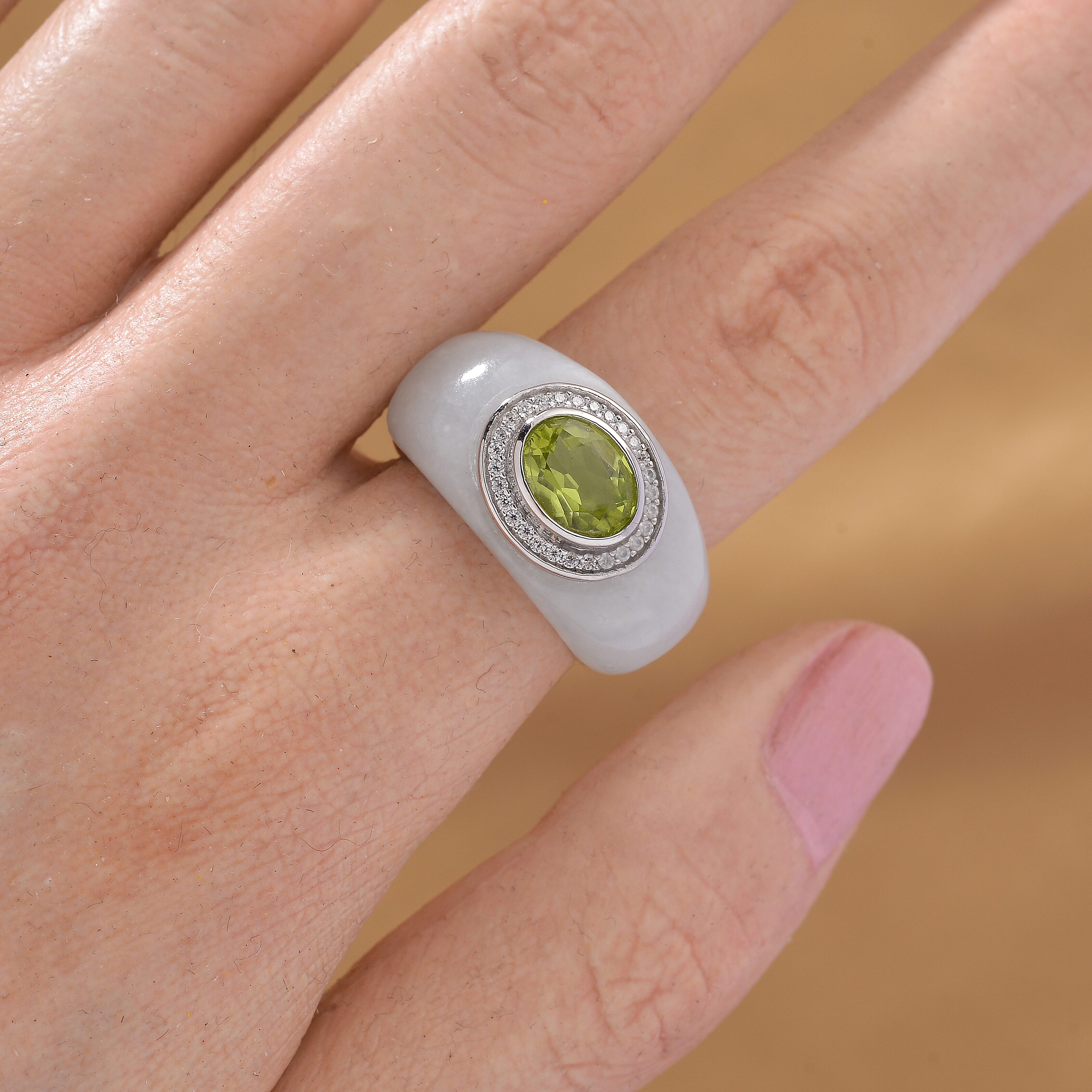 D'Joy Peridot, White Jade & Moissanite Ring in Rhodium Overlay Sterling Silver 25.02 Ct, Silver Wt. 4.75 Gms.