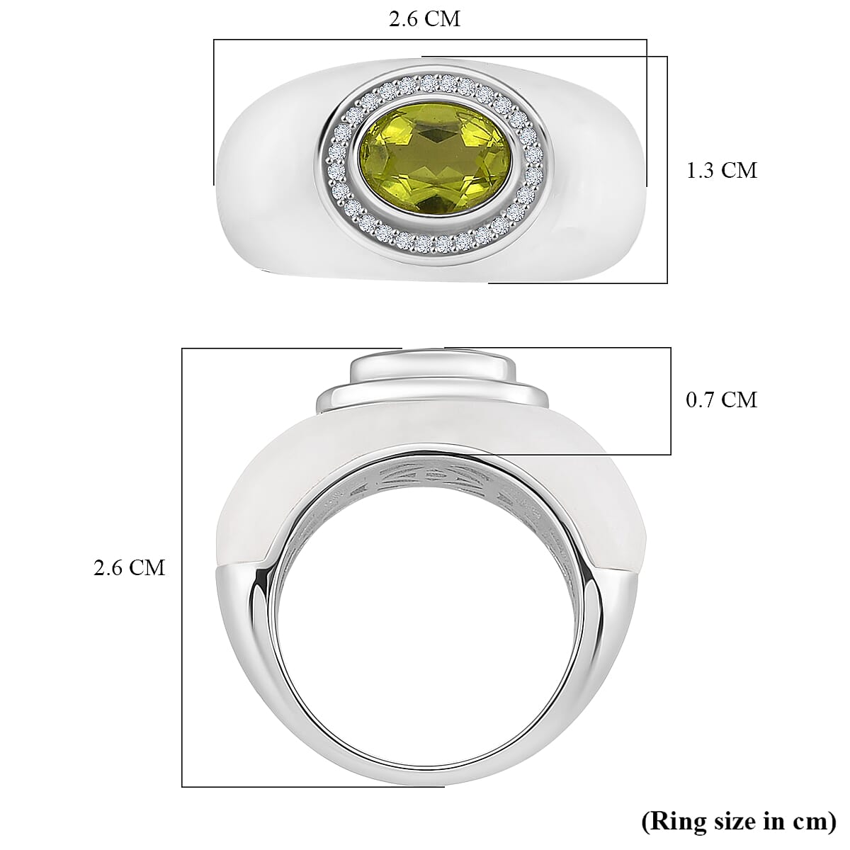 D'Joy Peridot, White Jade & Moissanite Ring in Rhodium Overlay Sterling Silver 25.02 Ct, Silver Wt. 4.75 Gms.
