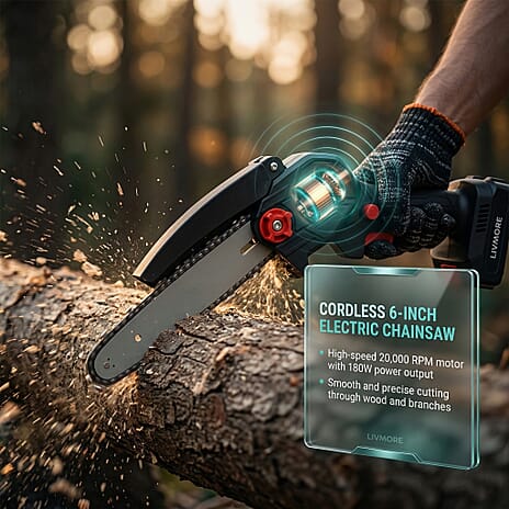 Livmore Handheld Cordless Chainsaw, 2x Batteries, 2x 6-inch chains - 20,000 RPM motor and 180W power - Black