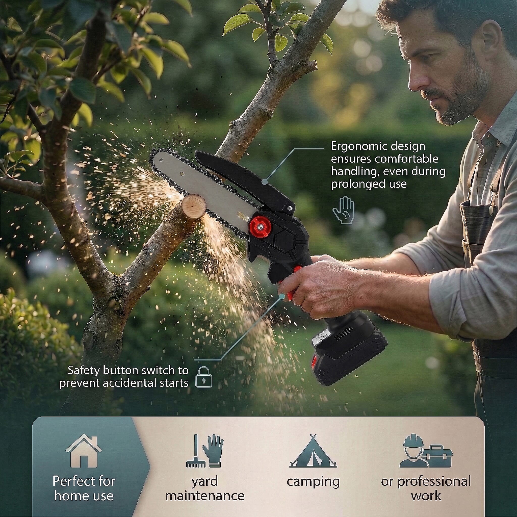 Livmore Handheld Cordless Chainsaw, 2x Extra Batteries, 2x 6-inch chains - 20,000 RPM motor and 180W power - Red