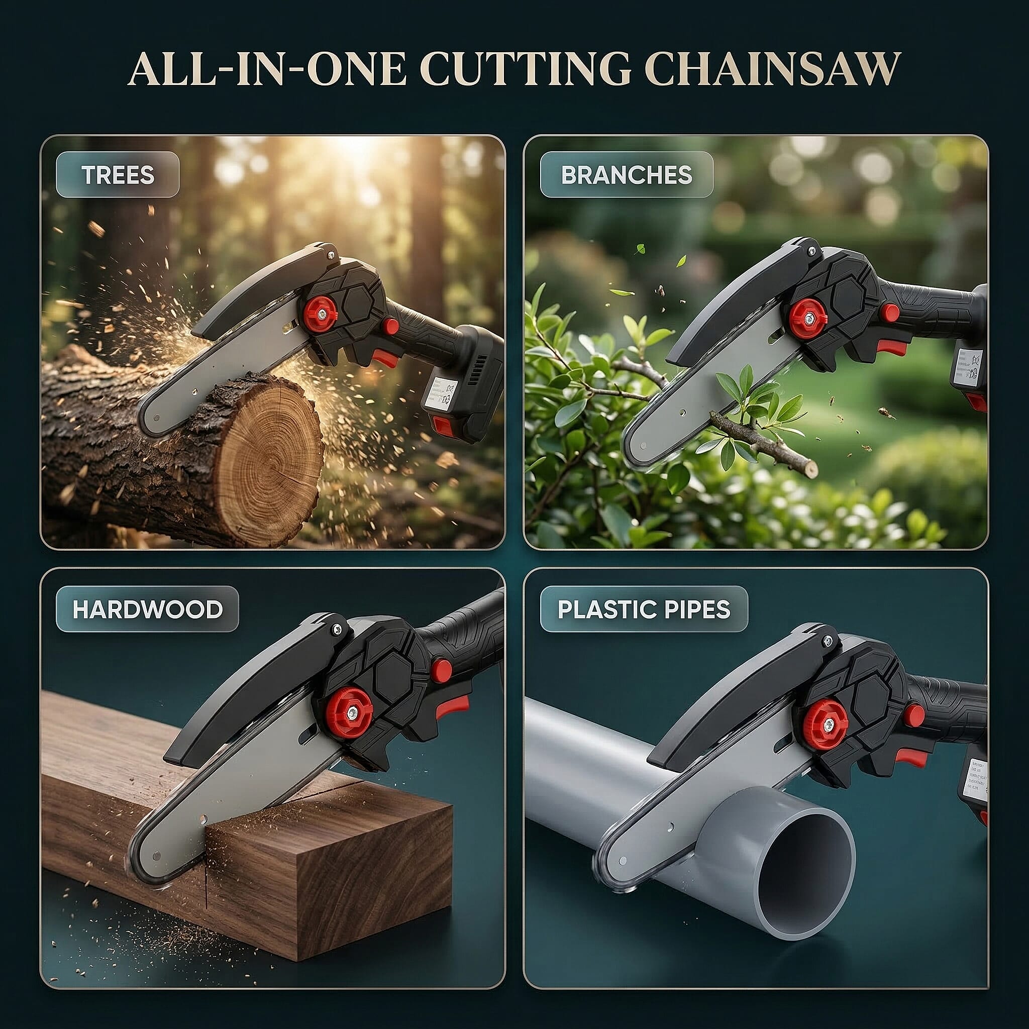 Livmore Handheld Cordless Chainsaw, 2x Extra Batteries, 2x 6-inch chains - 20,000 RPM motor and 180W power - Red