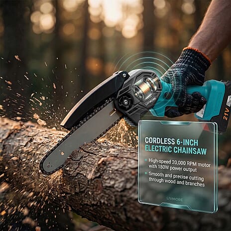 Livmore Handheld Cordless Chainsaw, 2x Batteries, 2x 6-Inch Chains - 20,000 Rpm Motor And 180W Power - Teal
