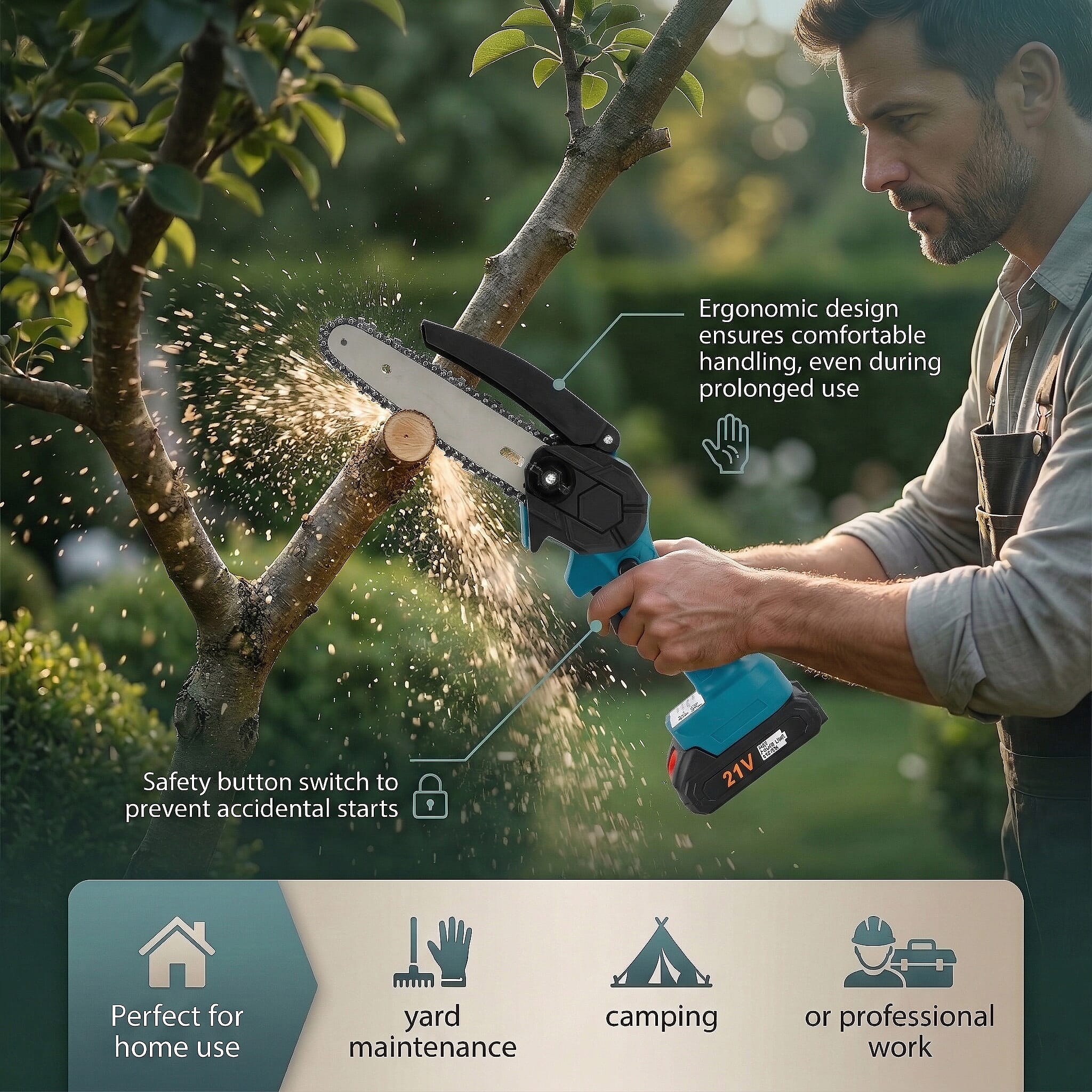 Livmore Handheld Cordless Chainsaw, 2x Batteries, 2x 6-inch chains - 20,000 RPM motor and 180W power - Teal