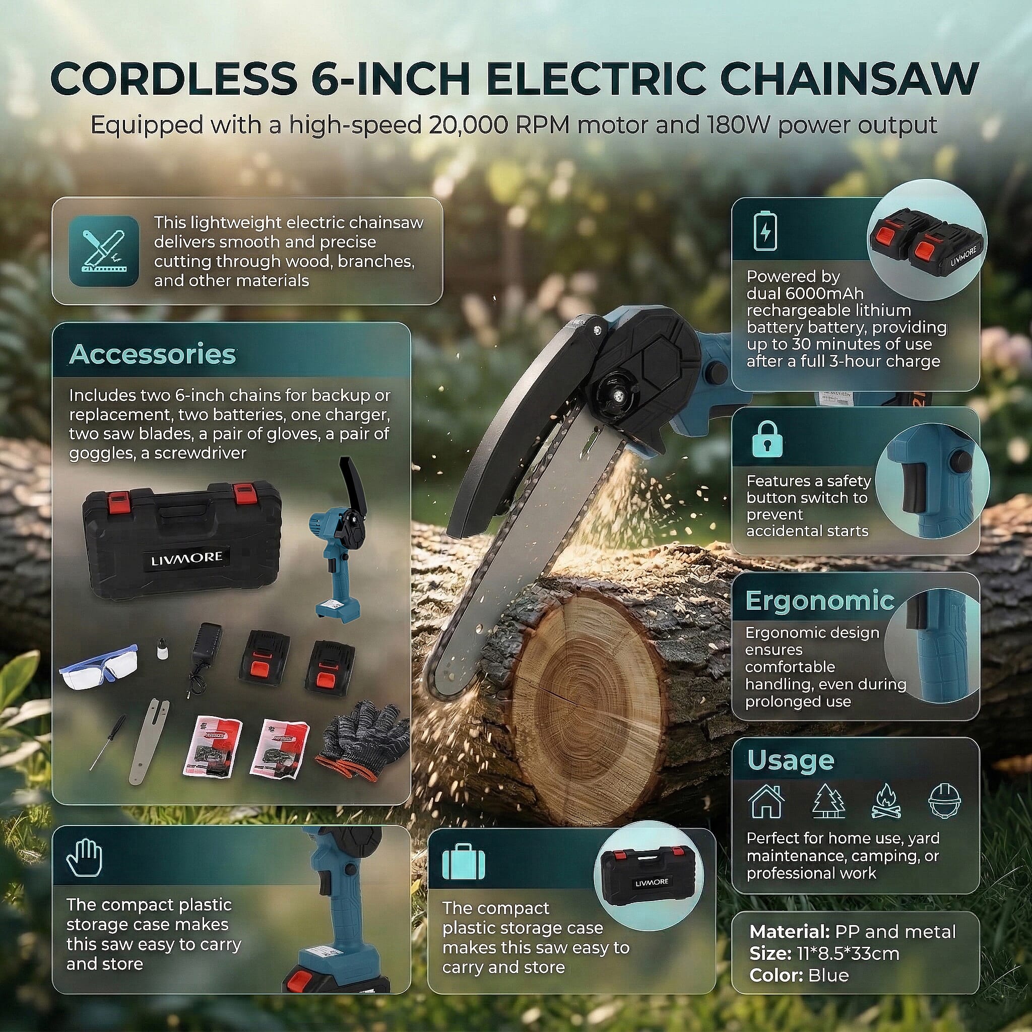 Livmore Handheld Cordless Chainsaw, 2x Batteries, 2x 6-inch chains - 20,000 RPM motor and 180W power - Teal