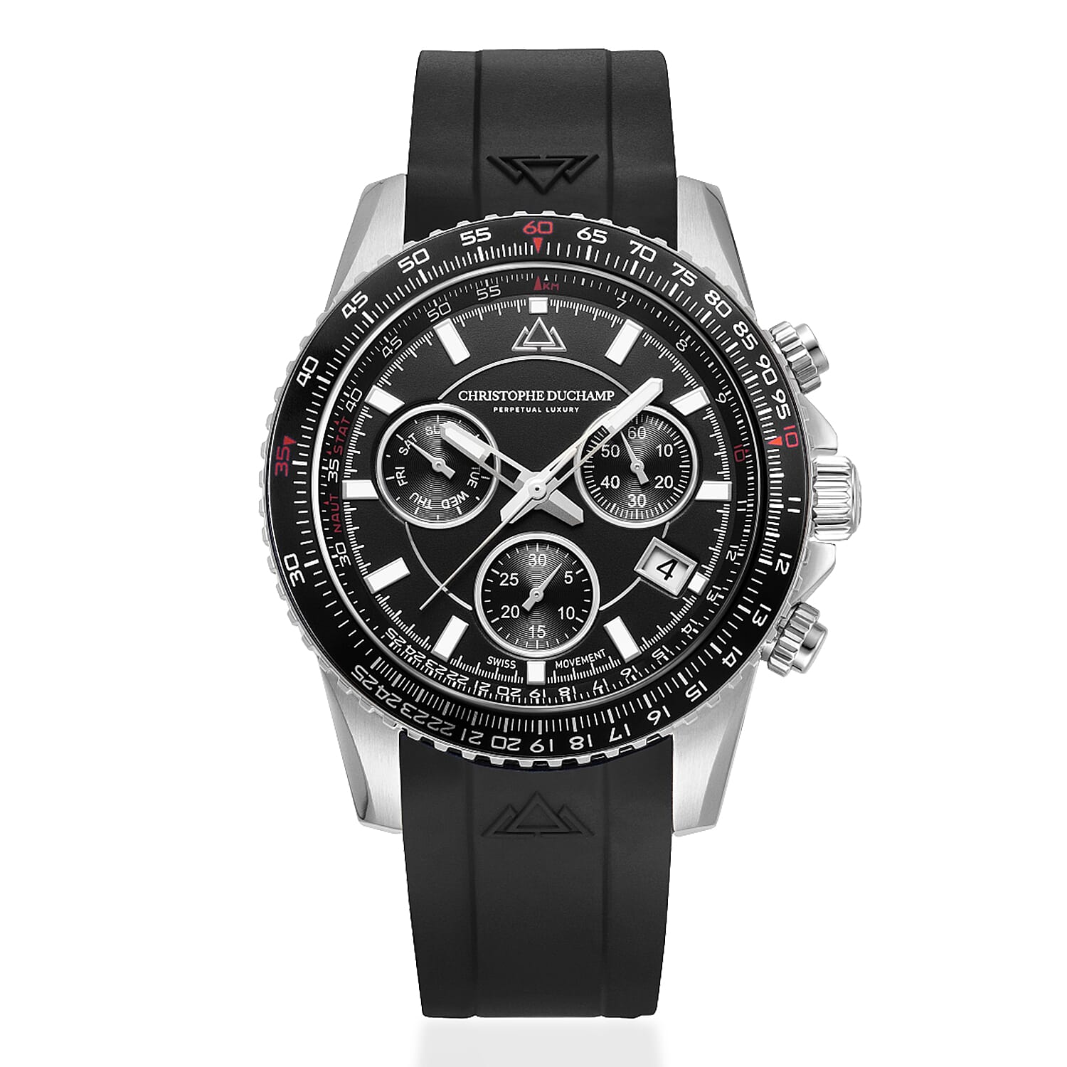 Christophe Duchamp Velocite V2 Swiss Z60 Chronograph 10ATM Mens Watch with Black Dial and Silicone Strap