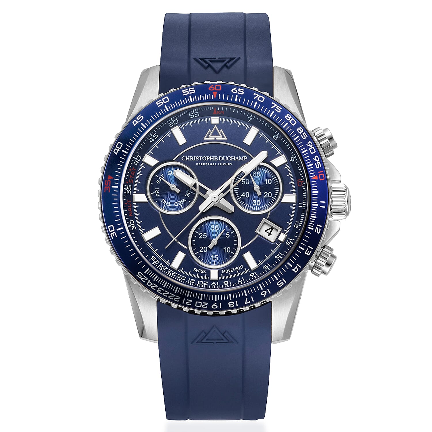 Christophe Duchamp Velocite V2 Swiss Z60 Chronograph 10ATM Mens Watch with Blue Dial and Silicone Strap in Silver Stainless Steel Case
